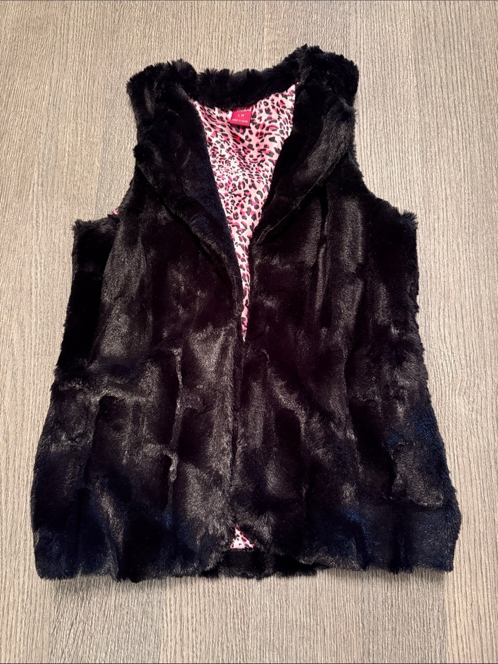 Girls' Black Faux Fur Vest with Pink Leopard Lining